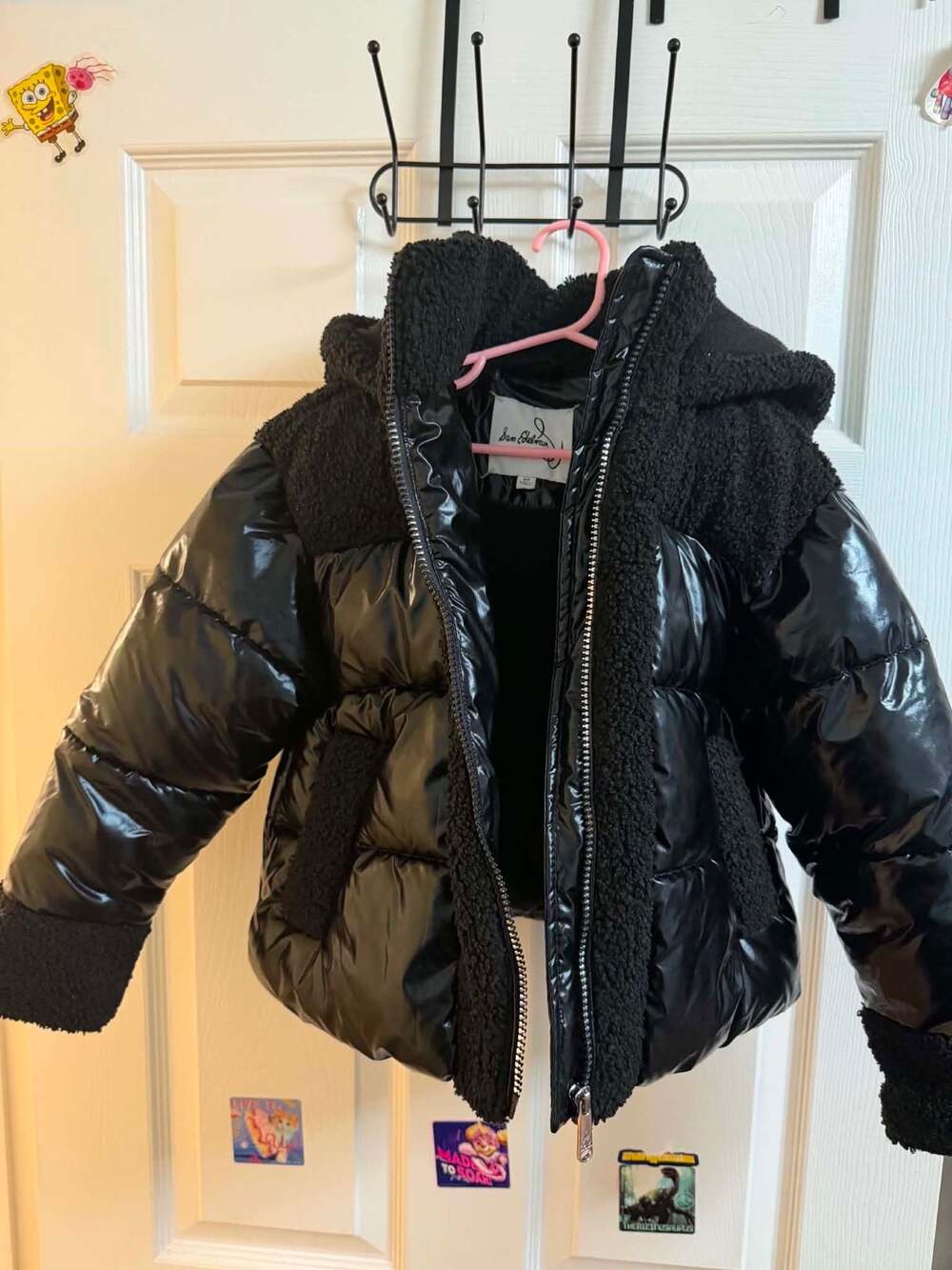 Sam Edelman Girls Black Hybrid Metallic Puffer Jacket with Faux Shearling Hood